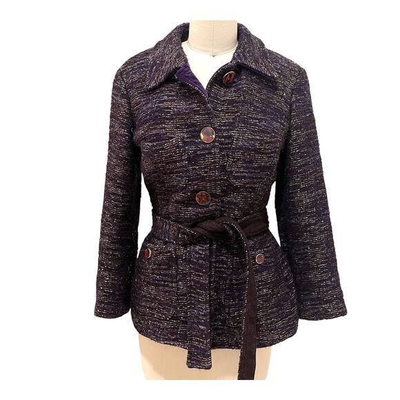 Etro Jacket Womens 42 Purple Wool Blend Belted Velvet Trim Embroidered Milano - Picture 1 of 9